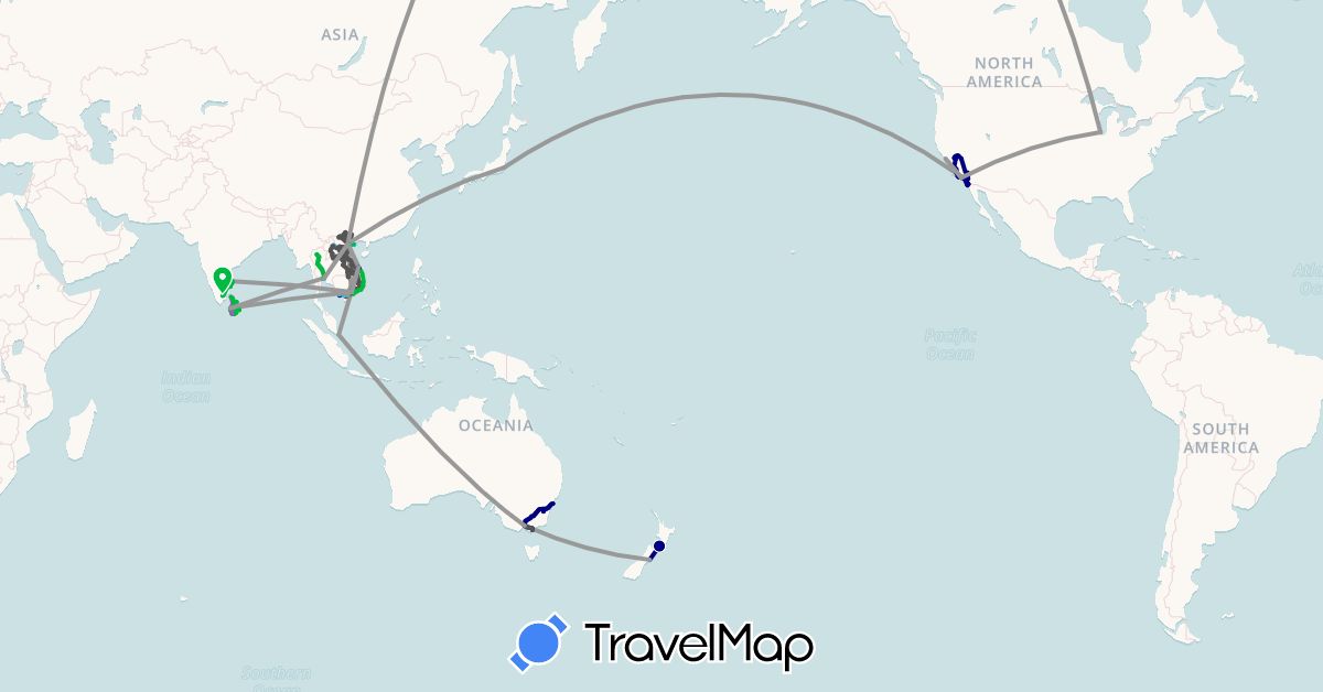 TravelMap itinerary: driving, bus, plane, train, boat, motorbike in Australia, India, Japan, Laos, Sri Lanka, New Zealand, Singapore, Thailand, United States, Vietnam (Asia, North America, Oceania)